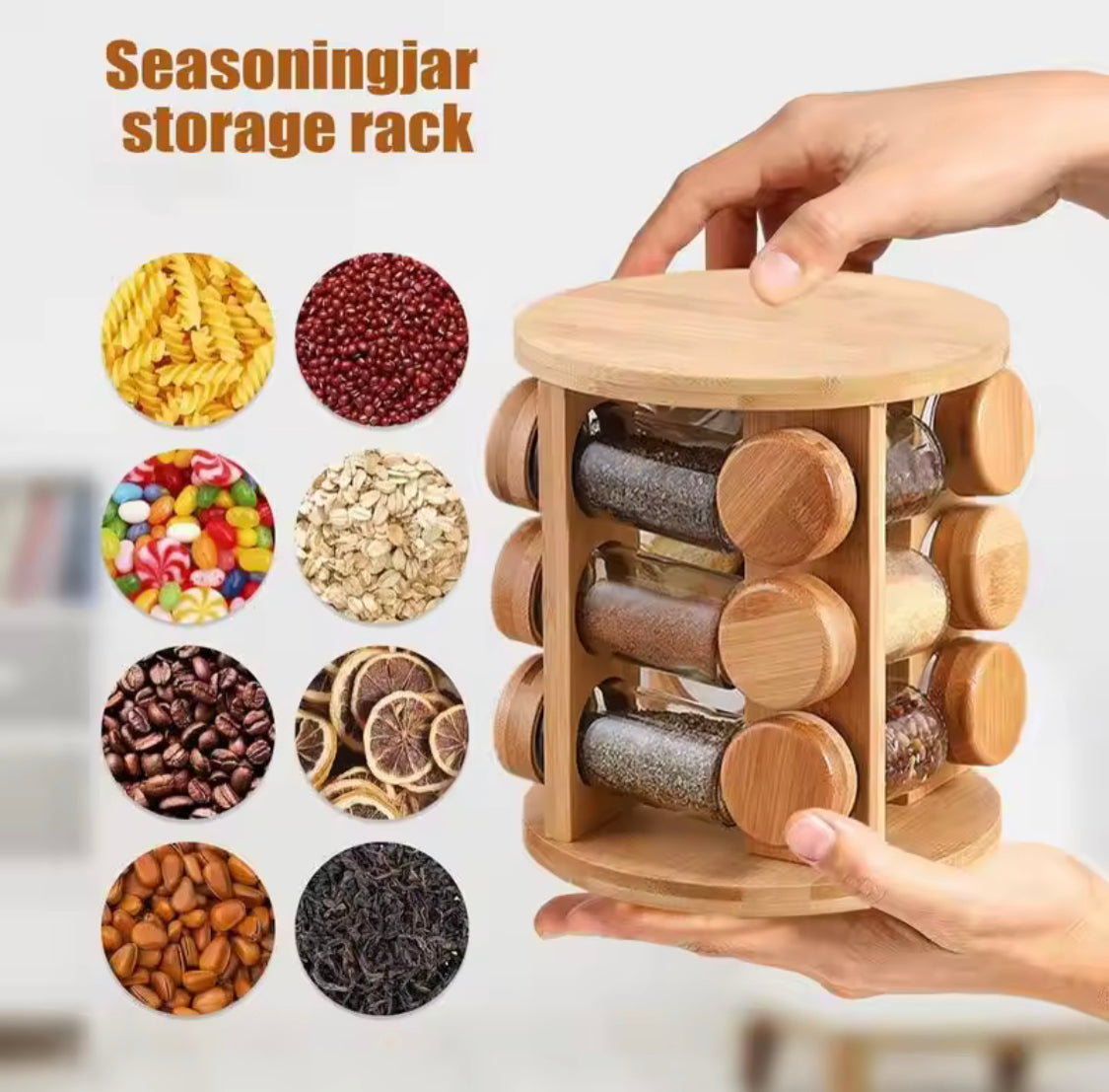 360° Rotating Wooden Spice Jar Organizer, Round Shape Kitchen Masala Rack with Jars Set, Spice Jar Stand, Kitchen Storage Organizer