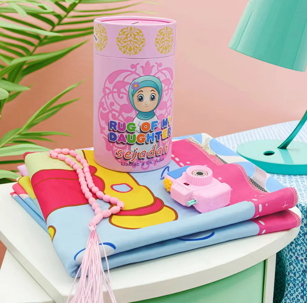 Kids Janamaz Rug With Gift Box, Children Prayers Mat With Tasbeh, Islamic Gifts Set With Prayers Beads With Coin Box, Kids Camera, Travel Prayer Mat