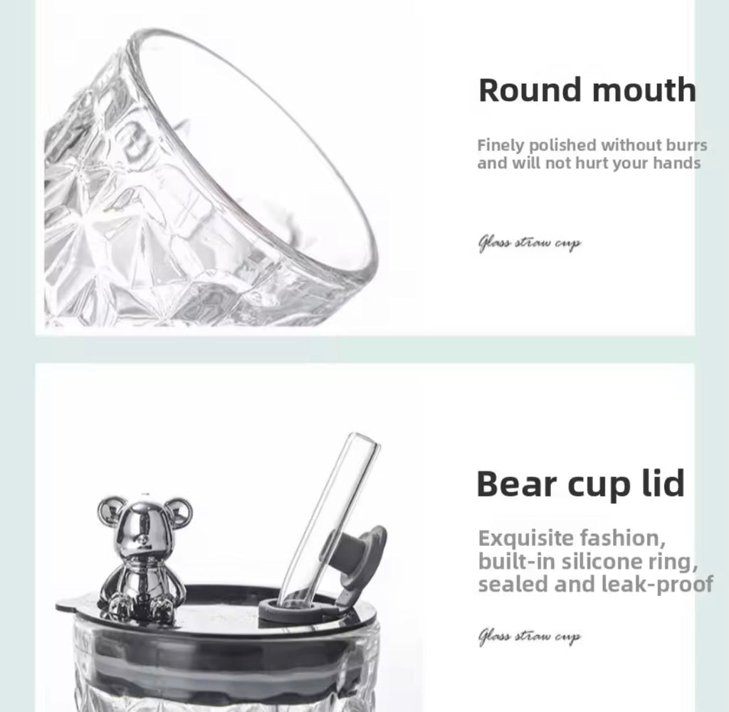 Luxury Bear Cap Transparent Glass Water Cup, Women Coffee Cup With Lid And Straw, European Style Vintage Milk Cup