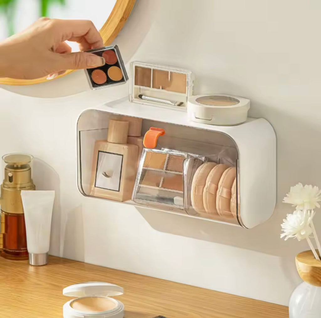 Wall Mounted Organizer With Adjustable Dividers, Dustproof Bathroom Organizer, Adhesive Cosmetic Storage Box, Undergarment Organizer Mini Cabinet