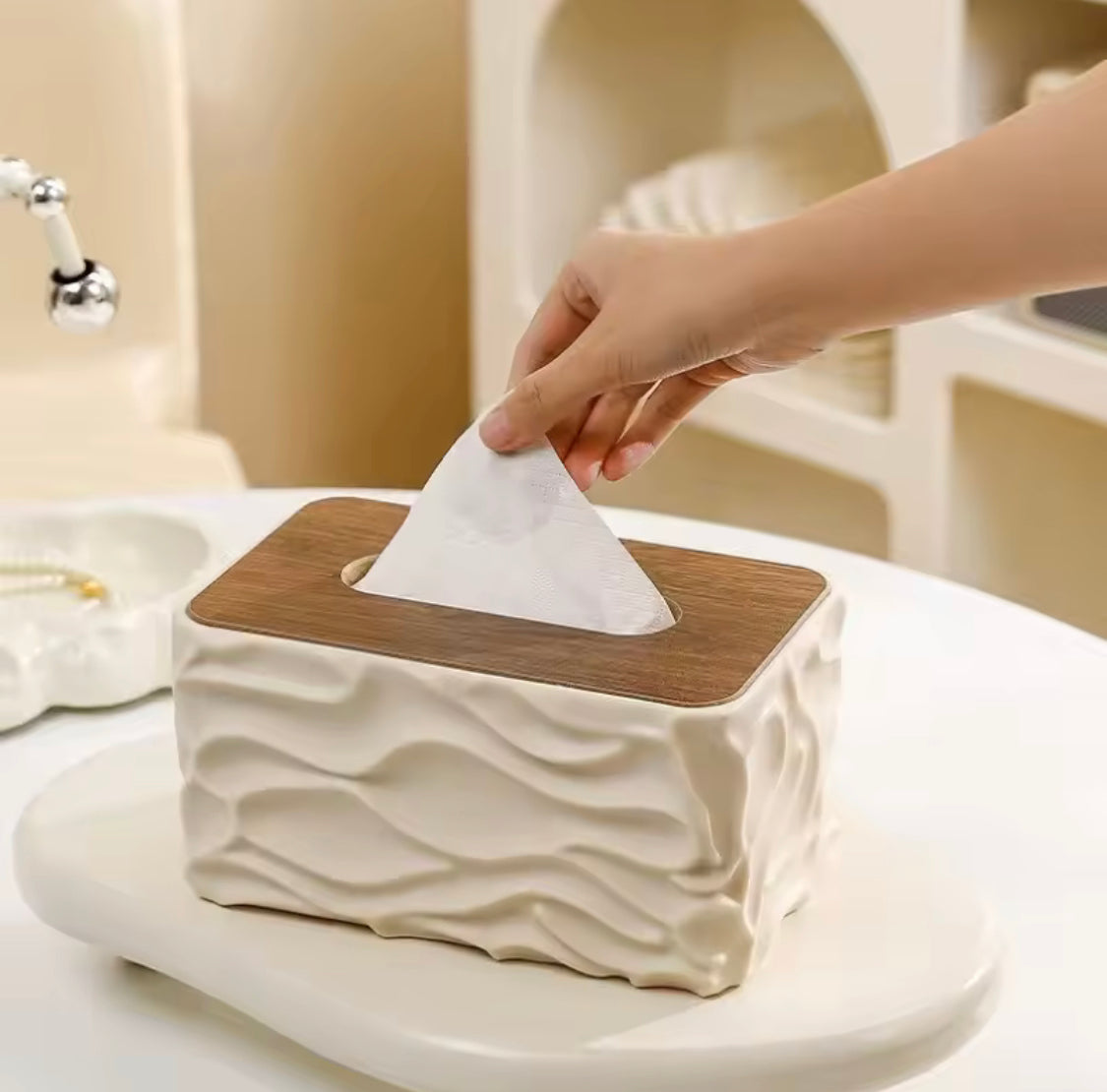 Nordic Tissue Holder, Dustproof Tissue Holder With Wooden Lid, Durable Large Capacity Tissue Holder