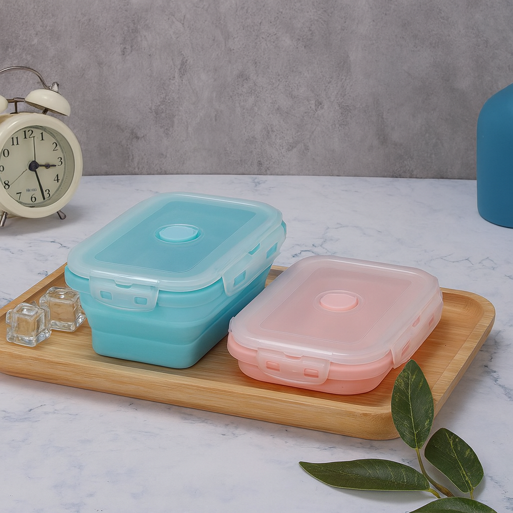 Silicone Foldable Food Container With Lid, Microwave Friendly Silicone Food Container, Silicone Folding Bento Lunch Box