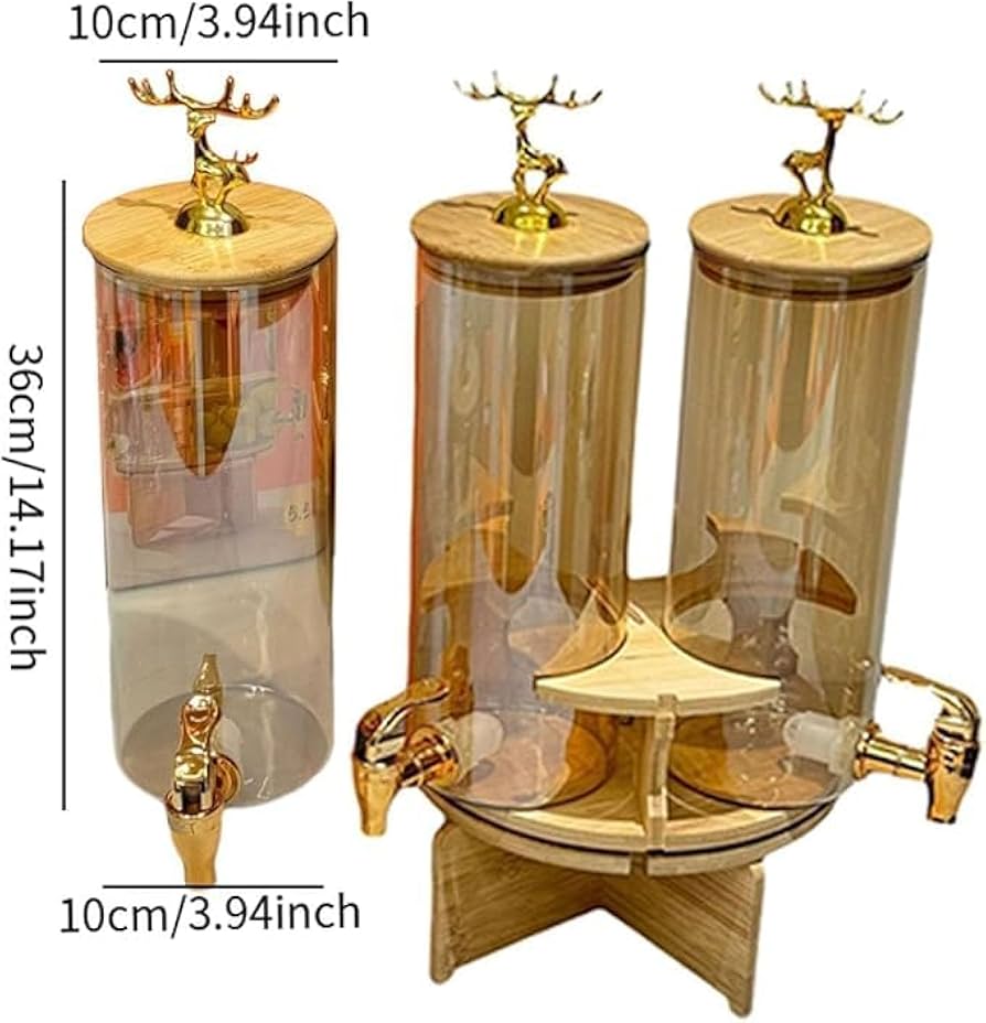 3 In 1 Rotating Glass Beverage Dispenser With Deer Lid,  High Borosilicate Beverages Dispenser With 3 Tap, Glass Beverage Dispenser Set with Stand, Tabletop Beverage And Water Dispenser, Water Storage Glass Dispenser, Beverage Storage Jar