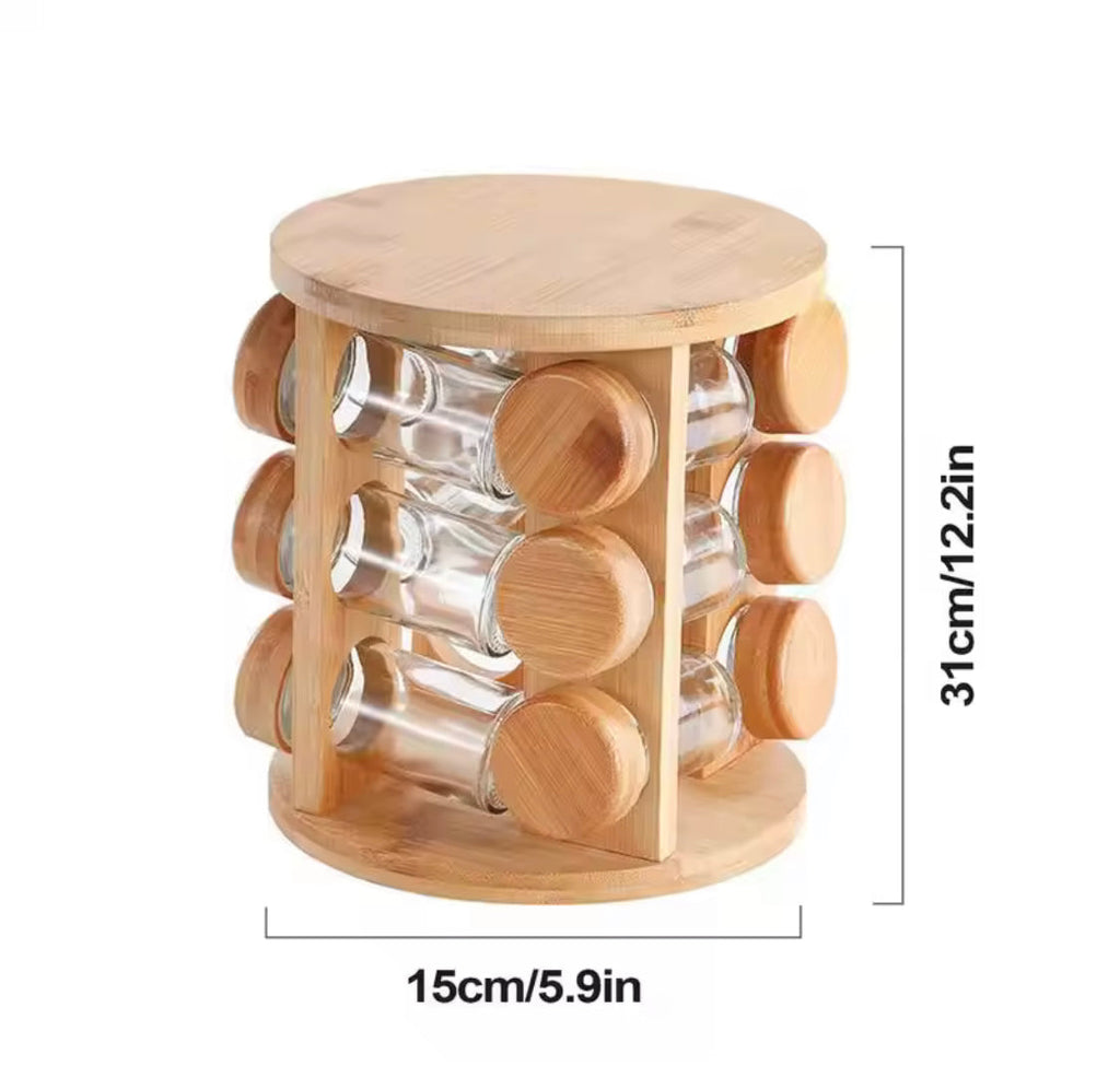 360° Rotating Wooden Spice Jar Organizer, Round Shape Kitchen Masala Rack with Jars Set, Spice Jar Stand, Kitchen Storage Organizer