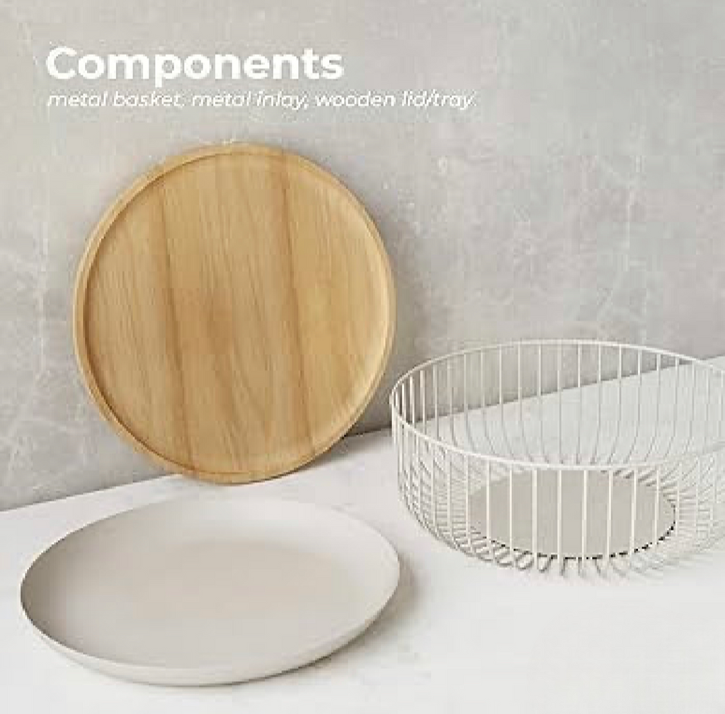 Multipurpose Stackable Basket With Wooden Lid, Fruit And Vegetable Bowl, Multipurpose Metal Wire Storage Basket, Home Supplies Picnic Basket