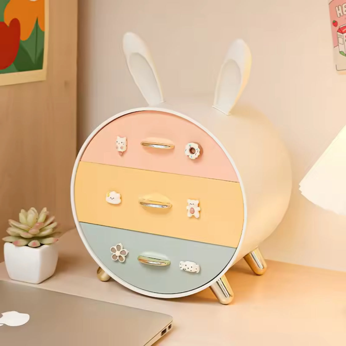 Kawai Multi Layer Desktop Storage Box, Rabbit Style Cosmetic Organizer With Drawers, Cute Countertop Kids Stationery Organizer