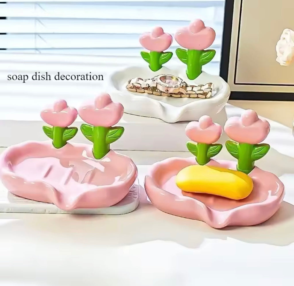 Tulip Shaped Floral Soap Box, Bathroom Decor Soap Holder With Drain Holes, Bathroom Kitchen Sink Countertop Soap Box