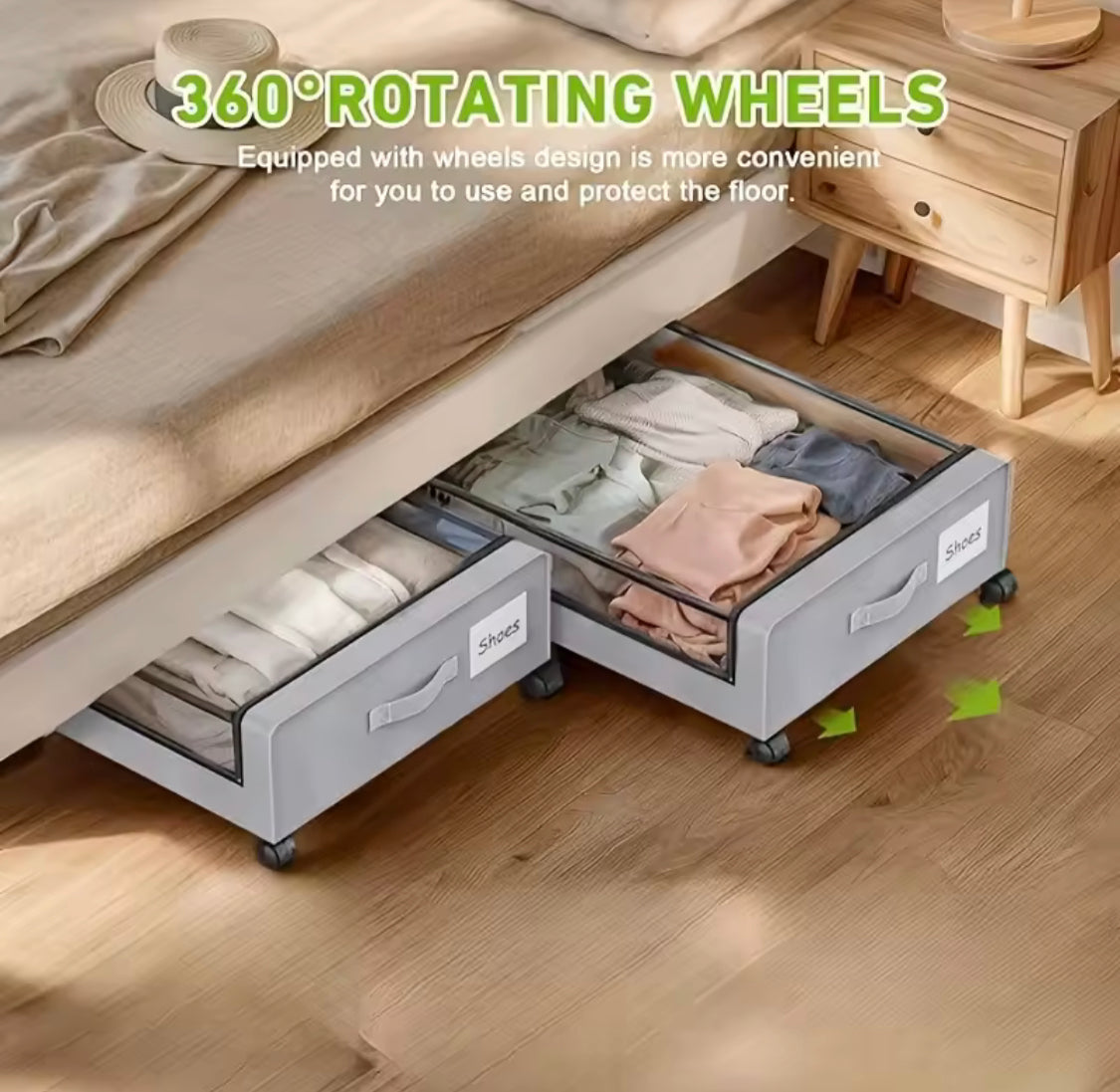 Under Bed Storage Organizer, Wheels Rotating Under Bed Clothes Organizer, Shoe Organizer With Wheels, Space Saving Under Bed Storage Organizer