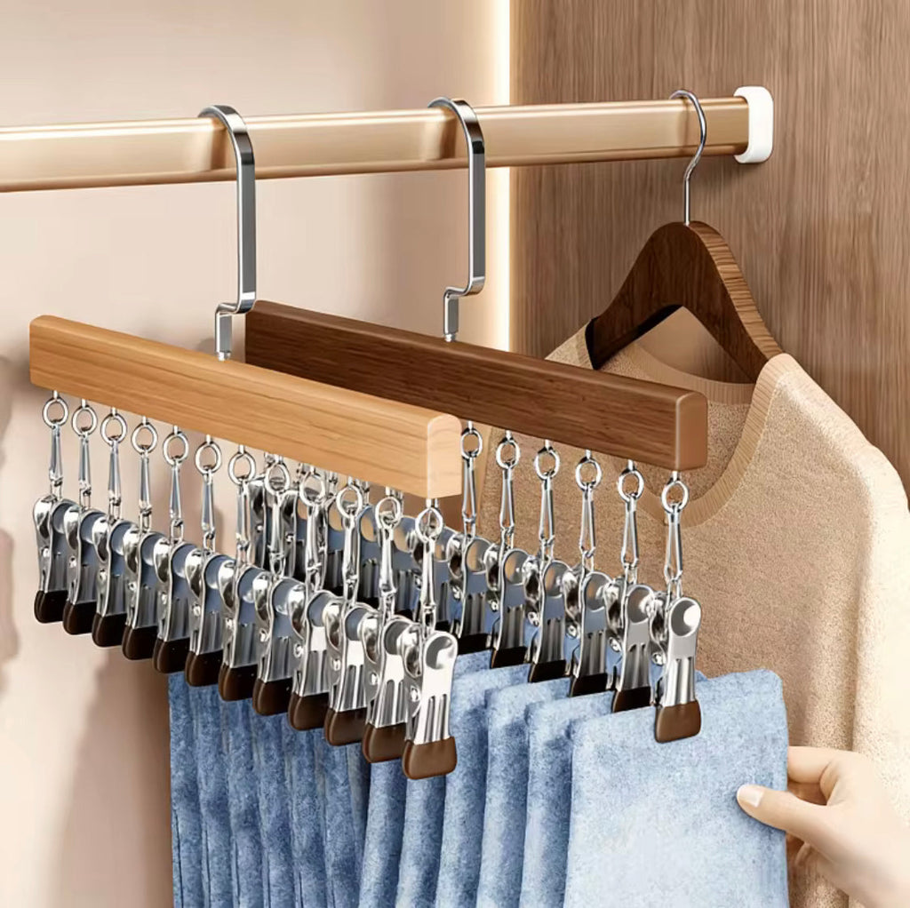 12 Clips Hanging Closet Organizer, Wooden Clip Pants Hanger, Anti Slip Clip Hanger Rack, Heavy Duty Clothes Clip Hanger