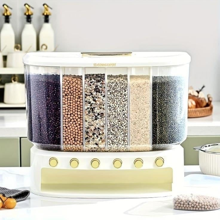 10KG Wall Mounted Cereal Dispenser, Large 6 Compartment Cereal Dispenser, Rice Storage Dispenser