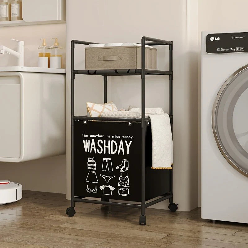 Compact Multilayers Storage Rack, Moveable Laundry Basket With Shelf, Multipurpose Organizer For Kitchen And Bathroom