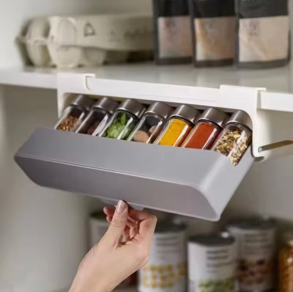 Under Shelf Spice Organizer with 6 Bottles, Kitchen Seasoning Bottle Storage Rack, Self-Adhesive Spice Rack Organizer