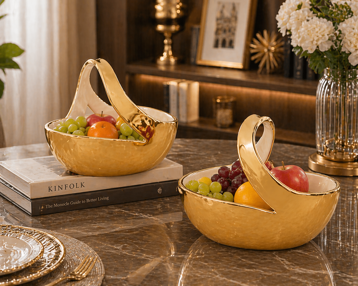 Elegant Fruit Display Basket, Luxury Gold Handle Ceramic Fruit Basket, Royal Ceramic Fruit Basket, Ceramic Fruit Serving Bowl