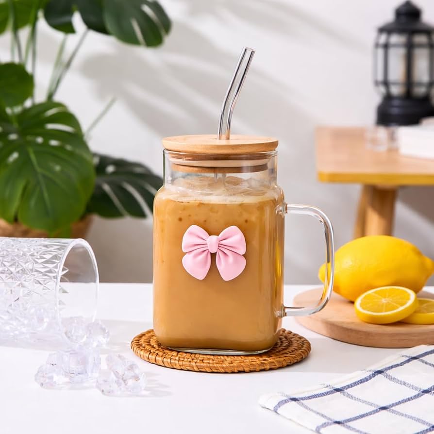 500ml Aesthetic Glass Tumbler, Multicolor Bow Coffee Glass, Bow Pattern Glass With Wooden Lid, Drinkware For Fresh Juices