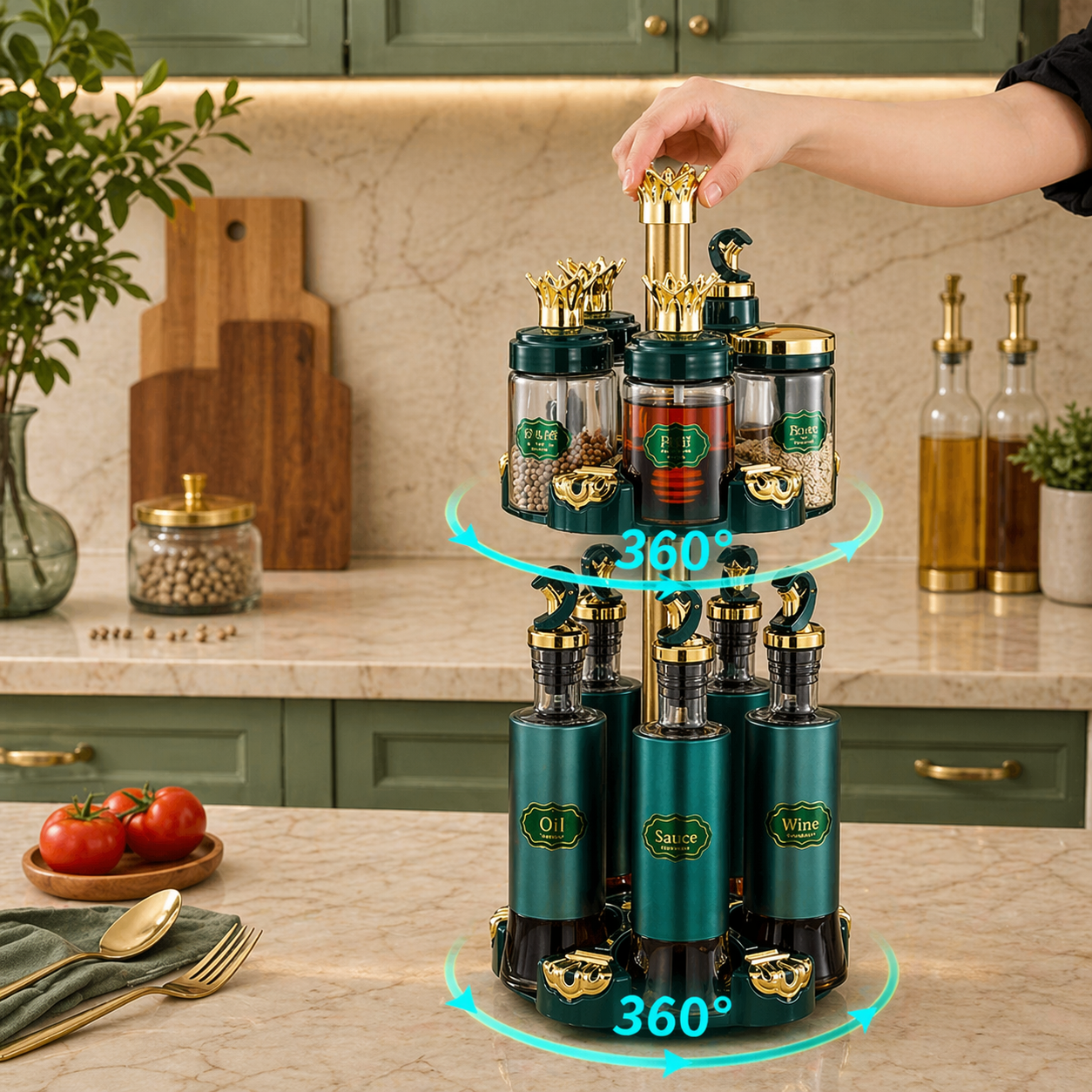 Luxury Spice Organizer Stand, Rotating Oil And Spice Dispenser Set, Premium Oil And Spice Storage Set, All In One Spice And Oil Station