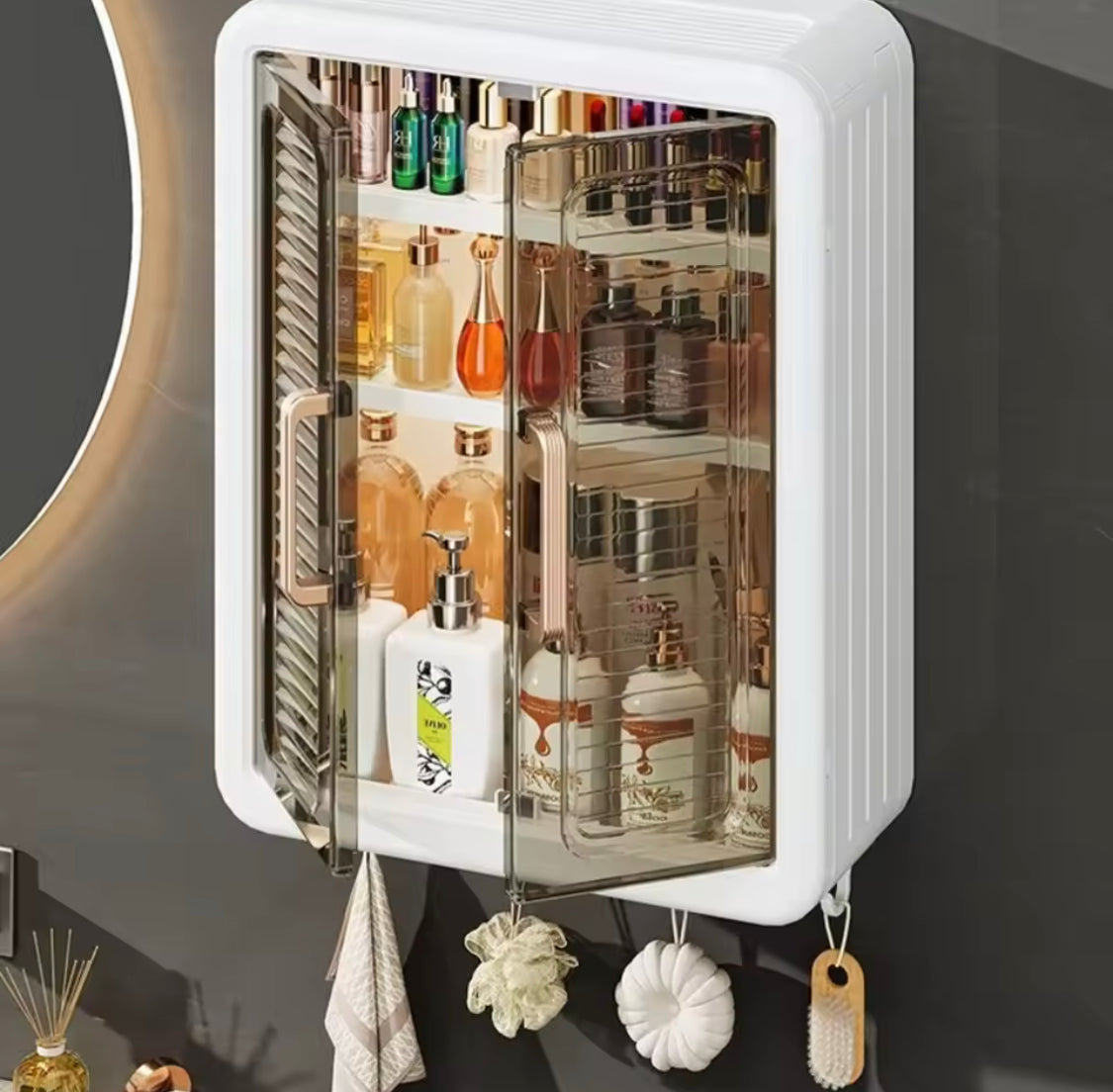 Multilayer Bathroom Storage Cabinet With Hooks, Kitchen Seasoning Storage Shelf, Multipurpose Cabinet with Doors and Shelves, Wall Mounted Cabinet, Home And Living Organizer