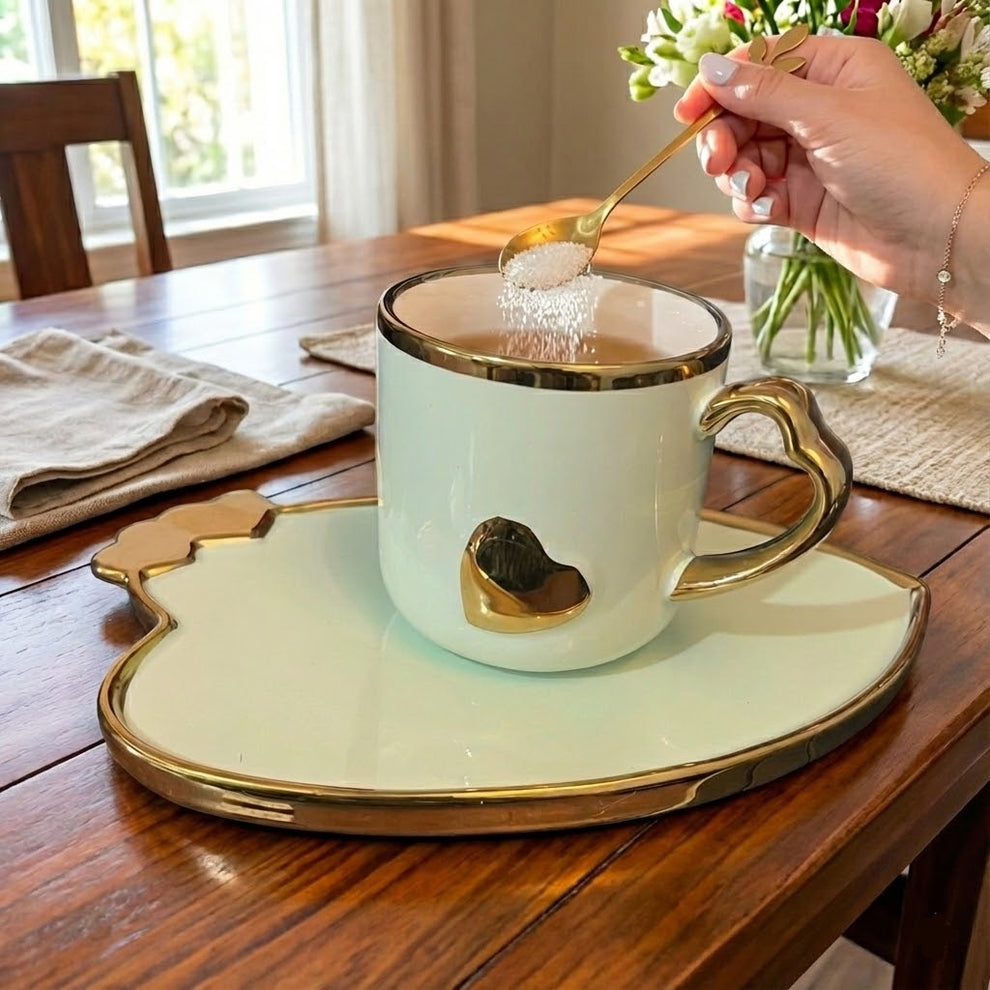 Luxury Heart Shape Ceramic Coffee Mug With Tray, Ceramic Cup And Saucer, 1Pc Home Exquisite Coffee Cup With Saucer