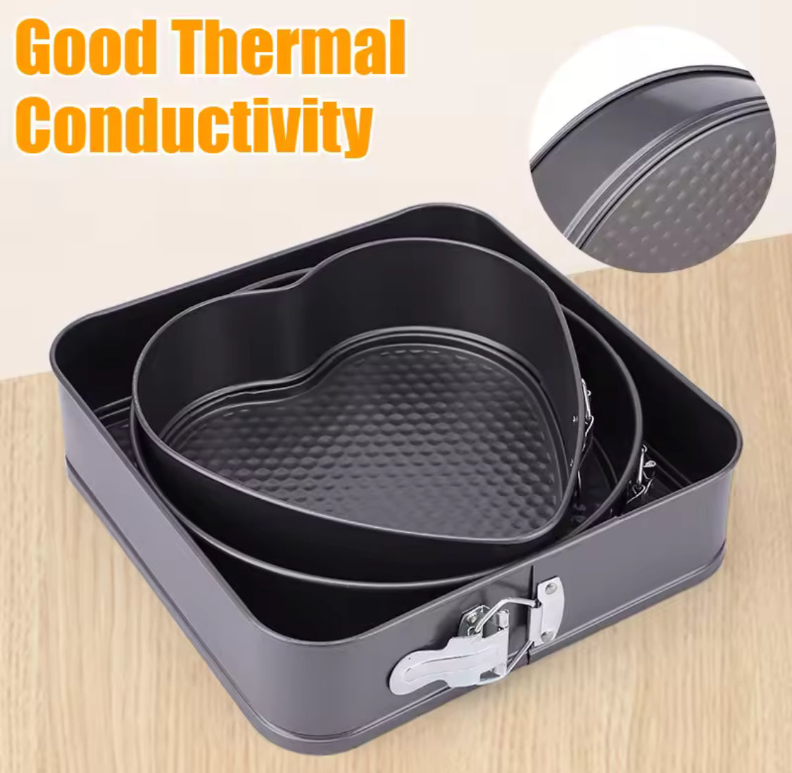 Set Of 3 Carbon Steel Cake Molds, Round Heart Square Cake Pan Set, Non Stick Metal Baking Accessories, Cake Decorations Tools