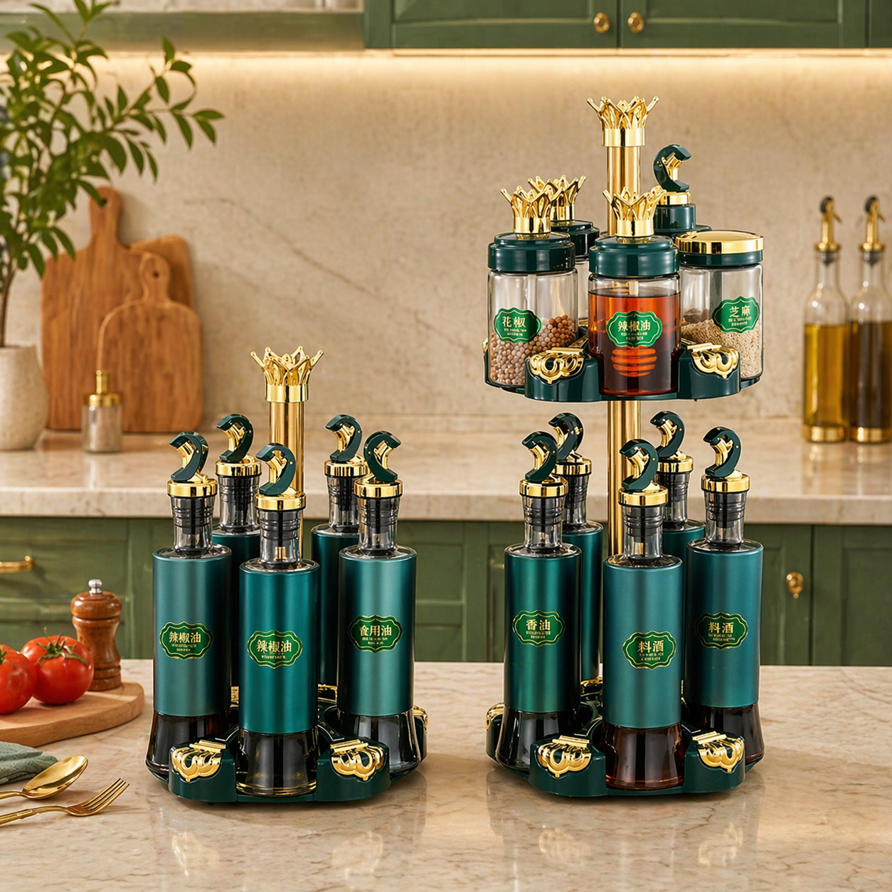 Luxury Spice Organizer Stand, Rotating Oil And Spice Dispenser Set, Premium Oil And Spice Storage Set, All In One Spice And Oil Station