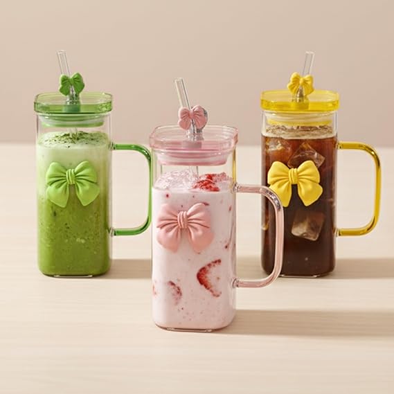 450ml Bow Glass With Lid And Straw, Elegant Square Glass Tumbler, Cute Transparent Mug With Handle