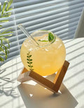 Round Unique Design Ball Shape Glass Cup, Crystal Round Ball Beverage Cup With Wooden Stand, Unique Shape Glass Straw Cup