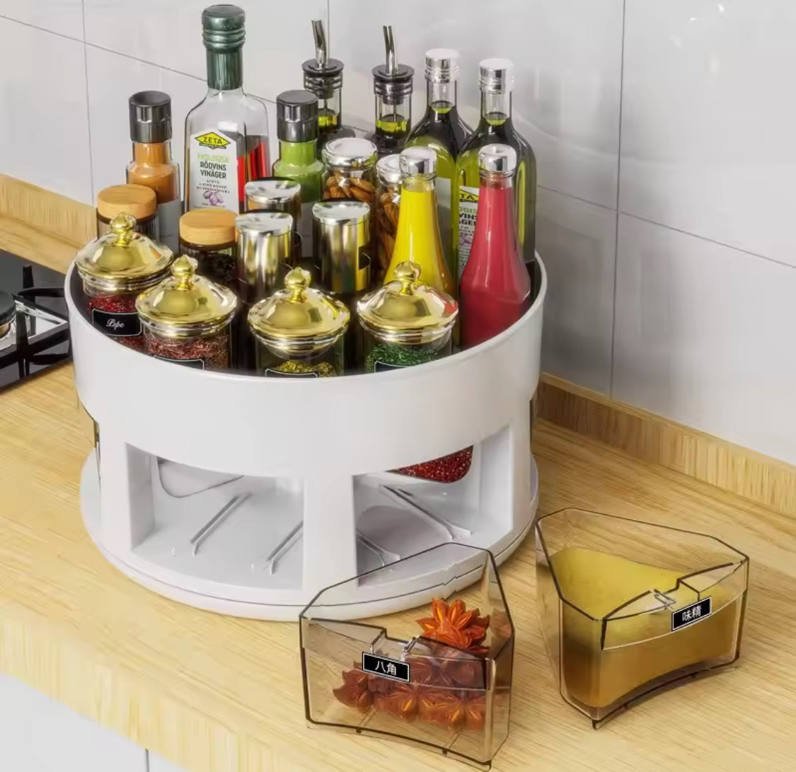 360° Rotating Spice Organizer, 6 Grid Seasoning Tray, Rotatable Spice Bottle Shelf Organizer, Large Capacity Double Layer Seasoning Storage Rack, Rotatable Condiment Rack