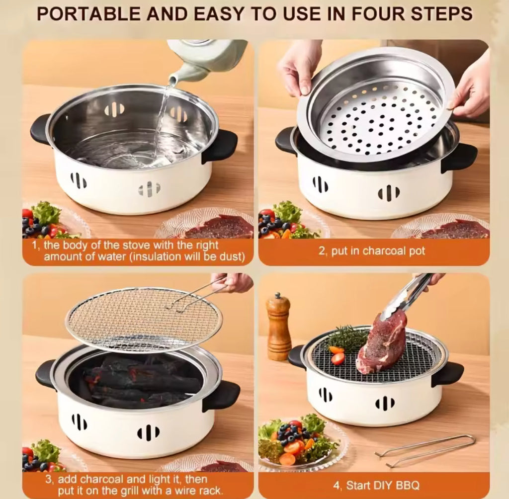 Portable Barbecue Stove With Coal Grill, Tabletop BBQ Grill Pan, Round Non Stick Barbecue Rack, Outdoor Camping Barbecue Stove, Korean Charcoal Stove, Stainless Steel Split Barbecue Grill