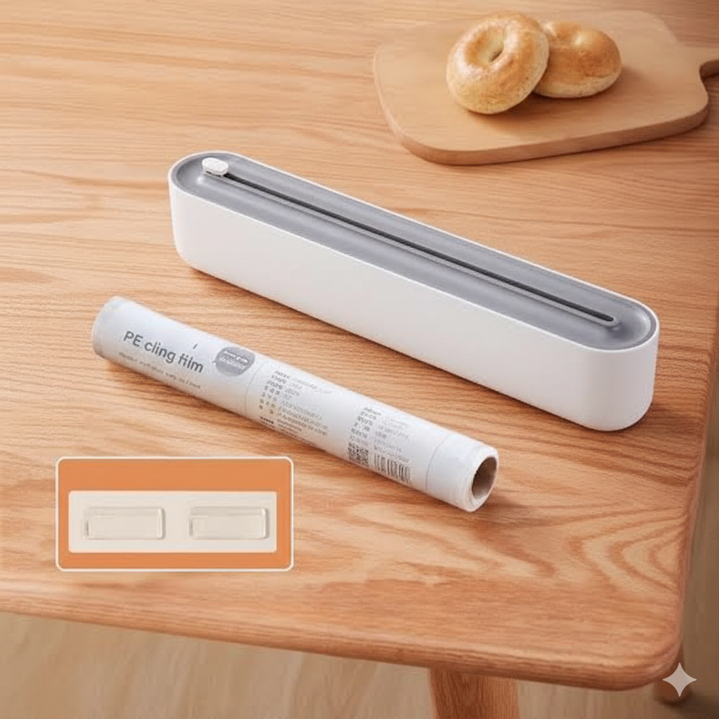 Food Wrap Dispenser Cutter With Suction Bottoms, Cling Film Wrapping Paper Cutter, Packaging Dispenser With Cutter, Storage Preservative Film Roll Case With Cutting Blade, New Cling Film Cutter