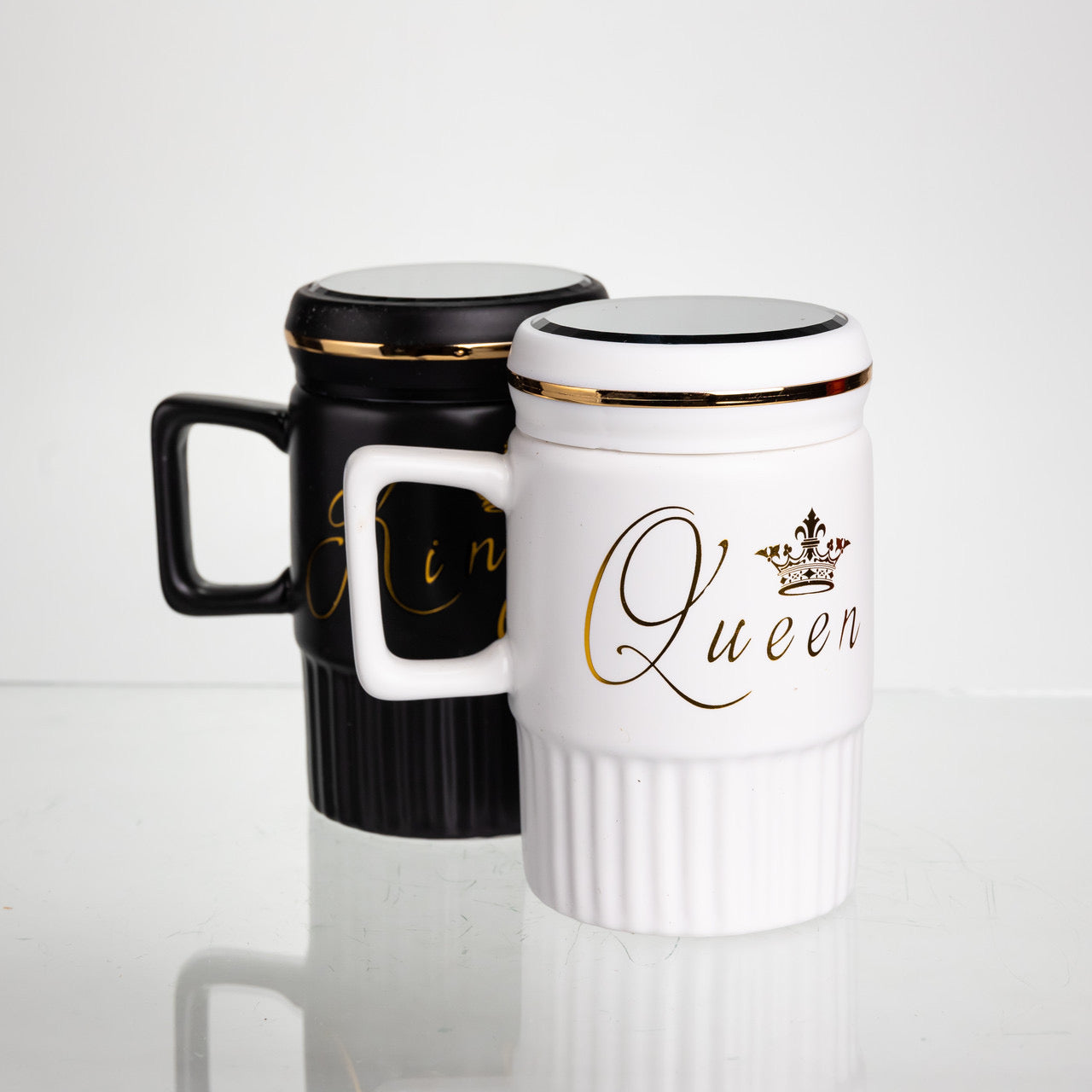 King Queen Mugs With Mirror Lid, Ceramic Coffee Mug