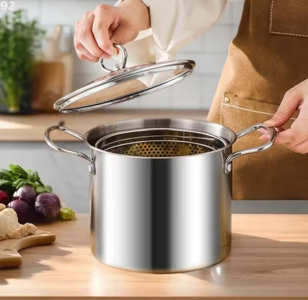 3.5L Deep Fryer Pot With Glass Lid, Stainless Steel Frying Pot With Mesh Steamer Basket, Kitchen Tools
