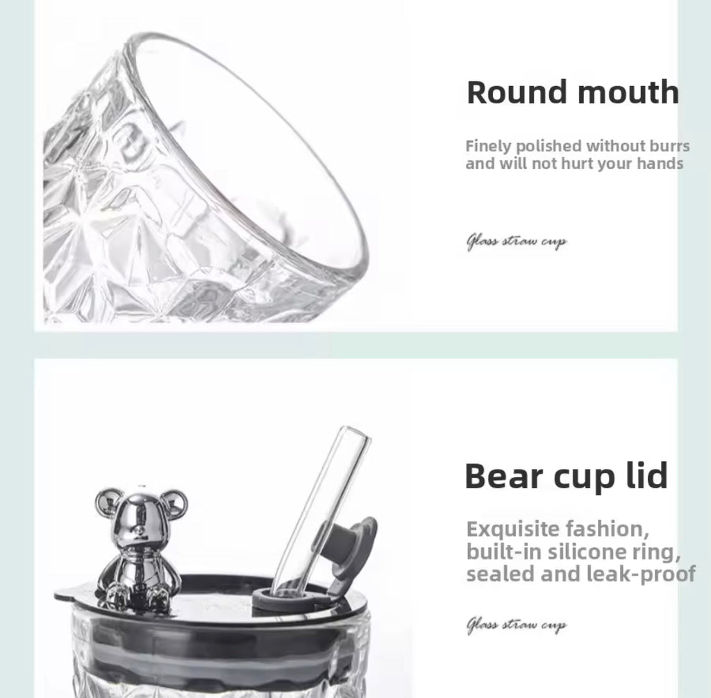 Luxury Bear Cap Transparent Glass Water Cup, Women Coffee Cup With Lid And Straw, European Style Vintage Milk Cup
