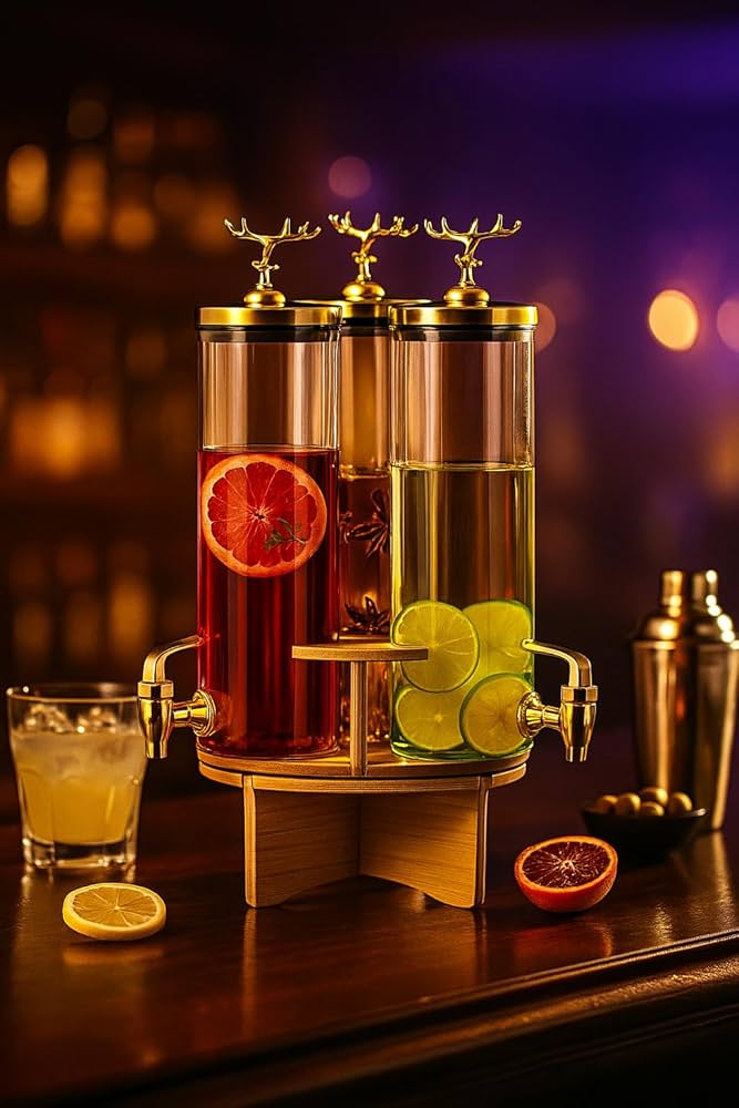 3 In 1 Rotating Glass Beverage Dispenser With Deer Lid,  High Borosilicate Beverages Dispenser With 3 Tap, Glass Beverage Dispenser Set with Stand, Tabletop Beverage And Water Dispenser, Water Storage Glass Dispenser, Beverage Storage Jar