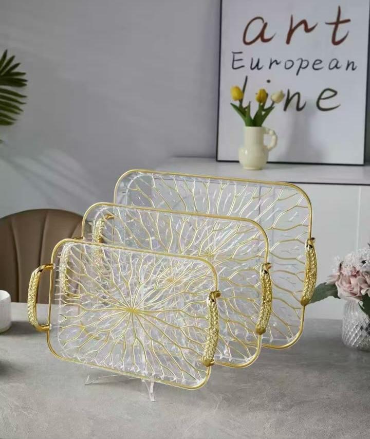 Elegant 3 Piece Serving Tray Set, Dinnerware Serving Tray, Set Of 3 Glass Tray Set