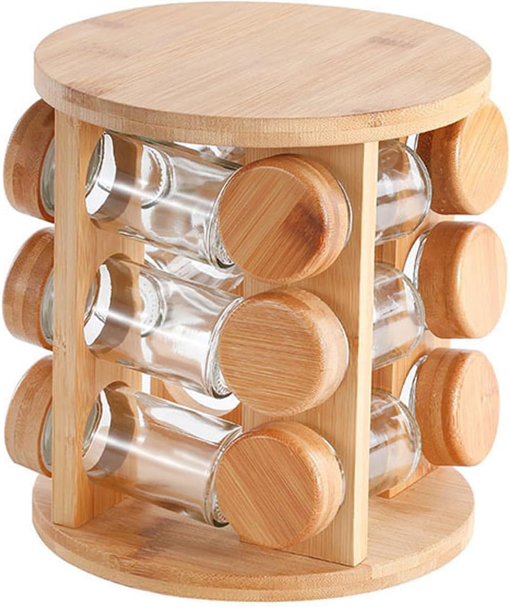 360° Rotating Wooden Spice Jar Organizer, Round Shape Kitchen Masala Rack with Jars Set, Spice Jar Stand, Kitchen Storage Organizer