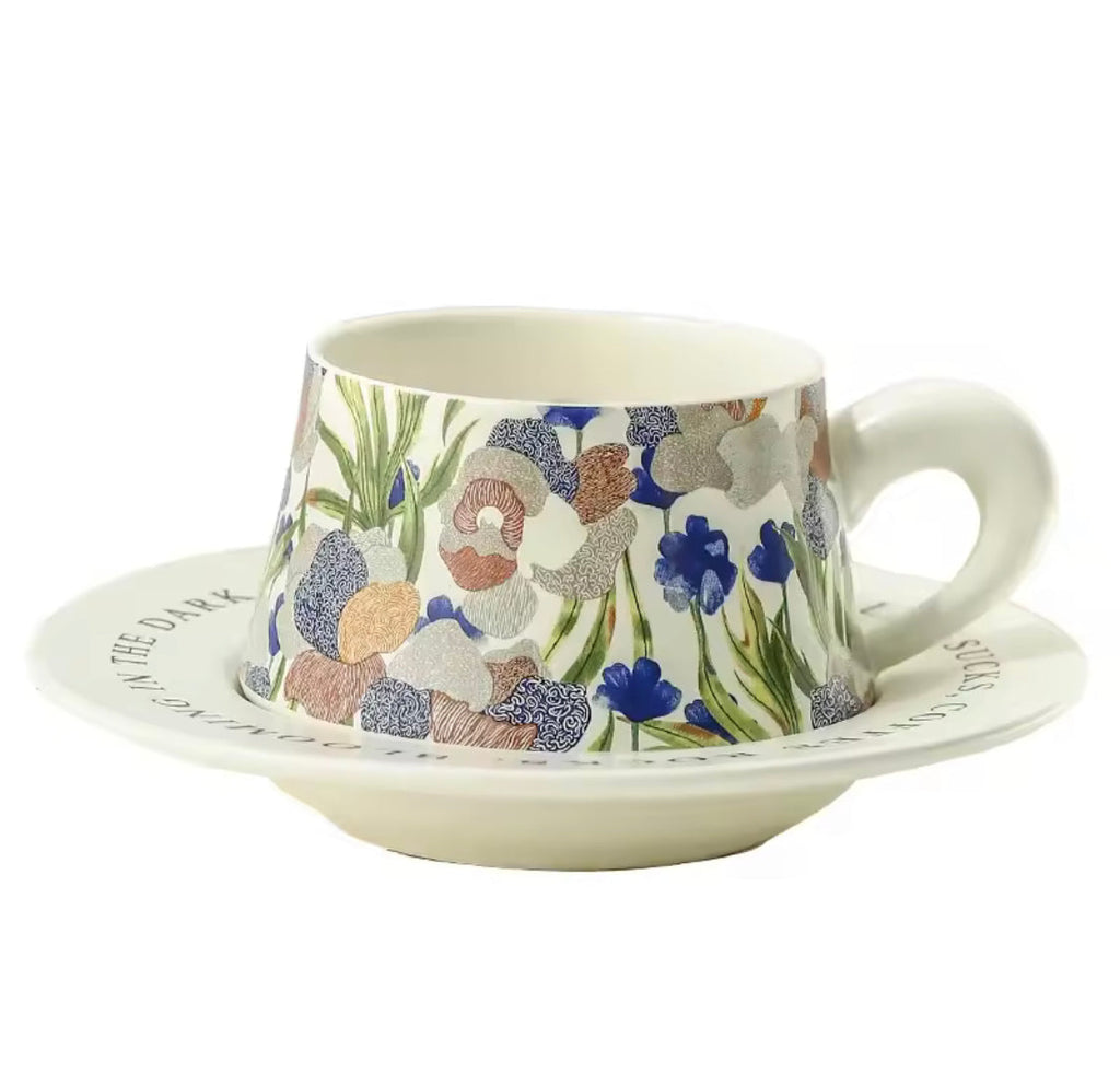 Vintage Painting Style Ceramic Mug With Saucer, Ceramic Cup With Steel Spoon, 1Pc Coffee Glass