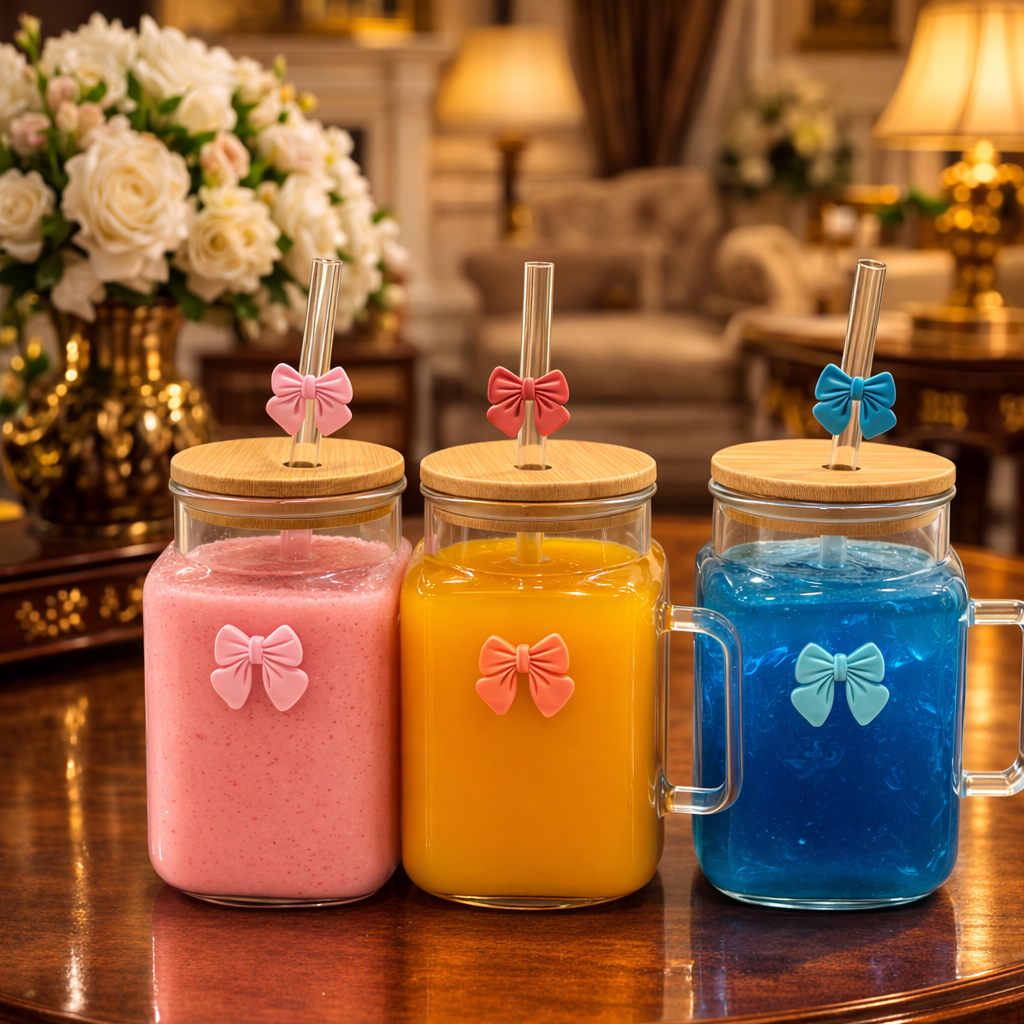 500ml Aesthetic Glass Tumbler, Multicolor Bow Coffee Glass, Bow Pattern Glass With Wooden Lid, Drinkware For Fresh Juices