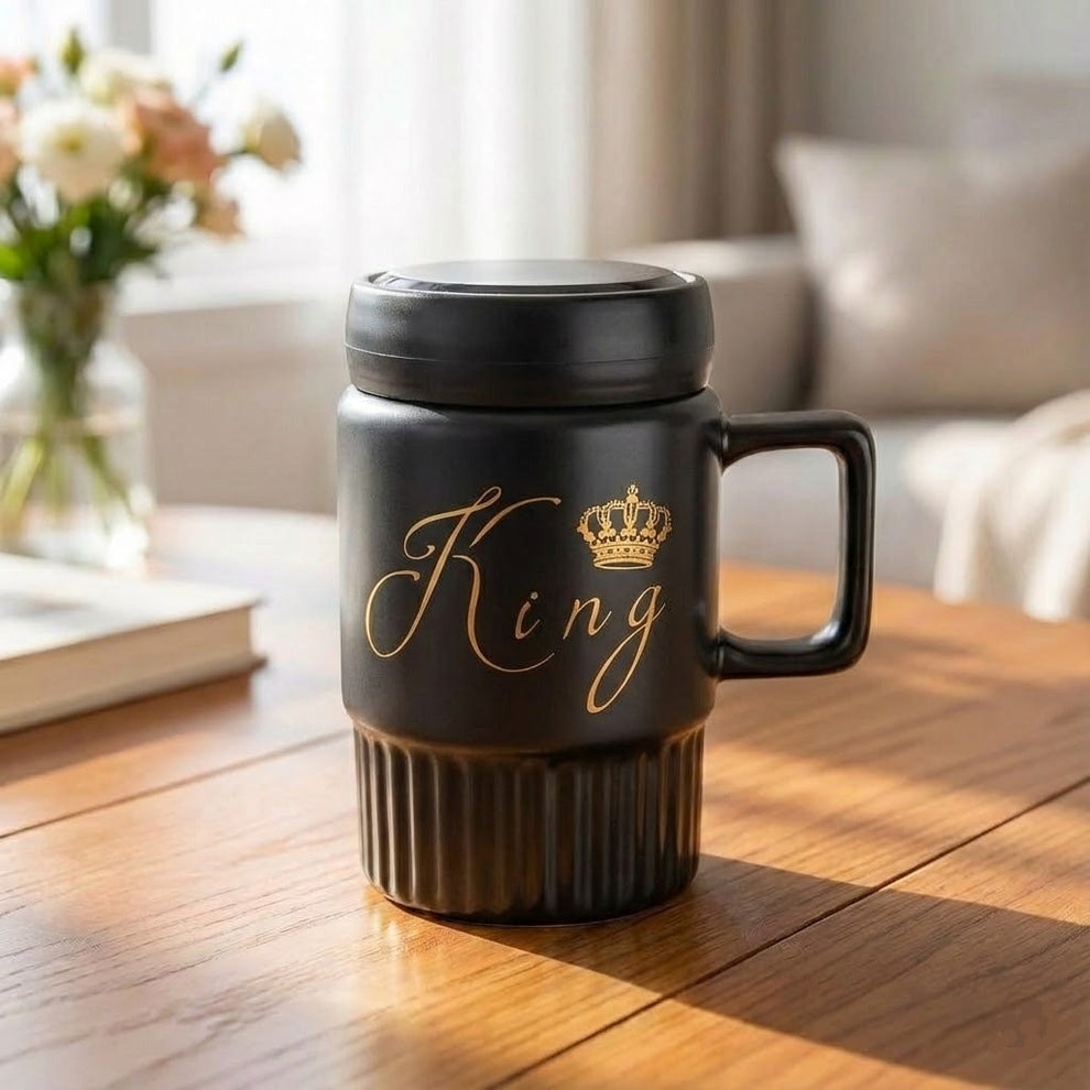 King Queen Mugs With Mirror Lid, Ceramic Coffee Mug