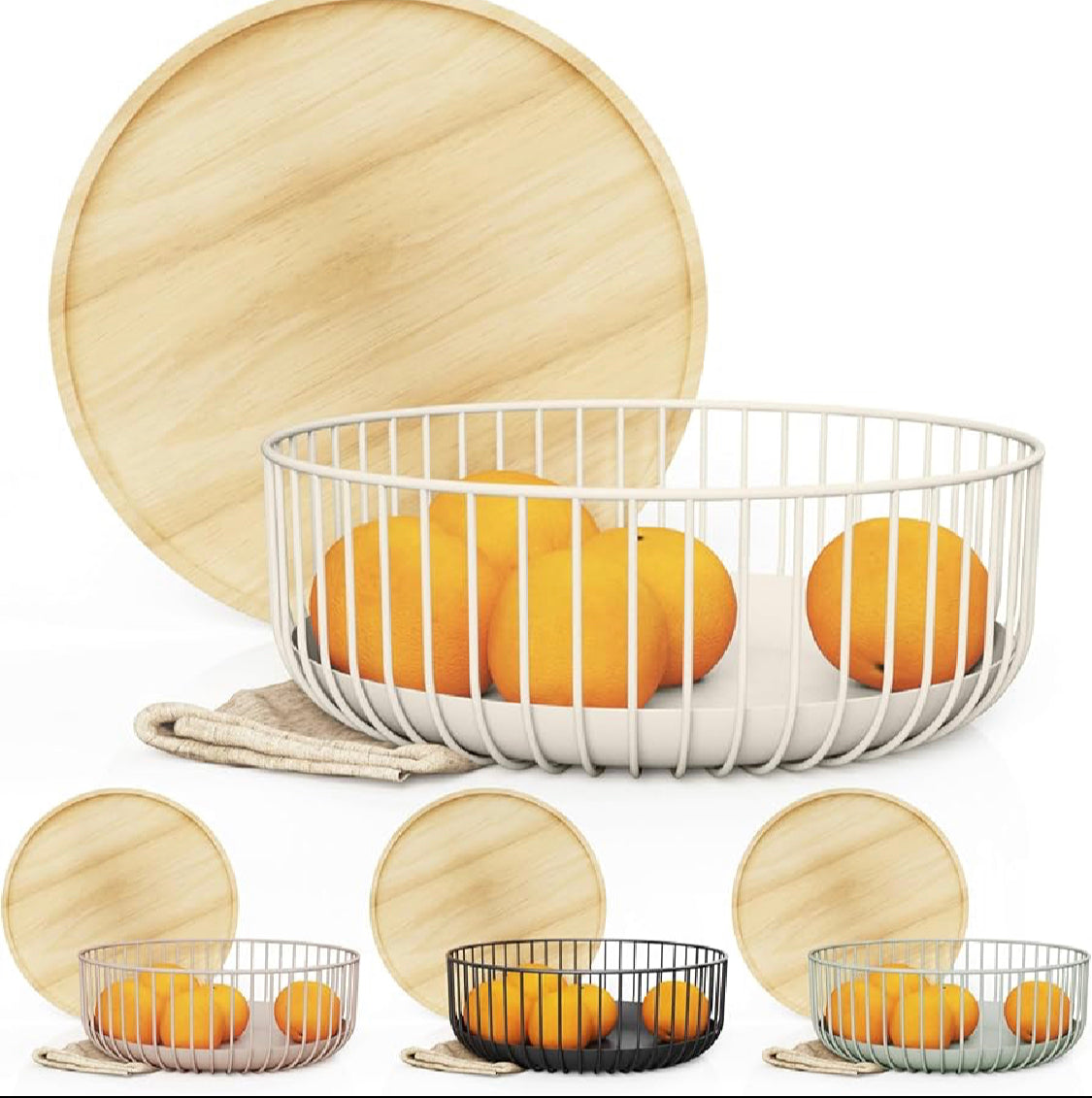Multipurpose Stackable Basket With Wooden Lid, Fruit And Vegetable Bowl, Multipurpose Metal Wire Storage Basket, Home Supplies Picnic Basket