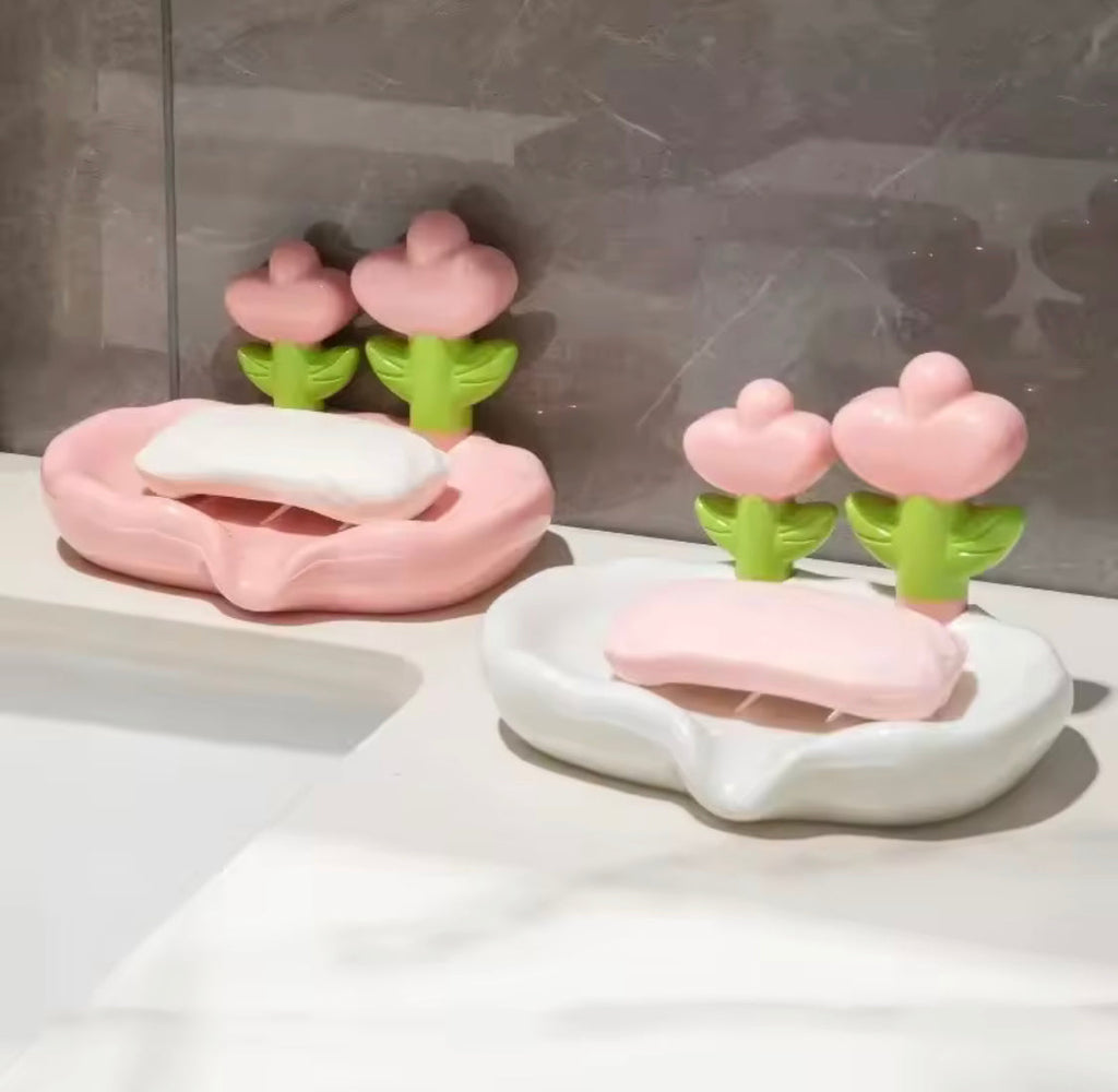 Tulip Shaped Floral Soap Box, Bathroom Decor Soap Holder With Drain Holes, Bathroom Kitchen Sink Countertop Soap Box