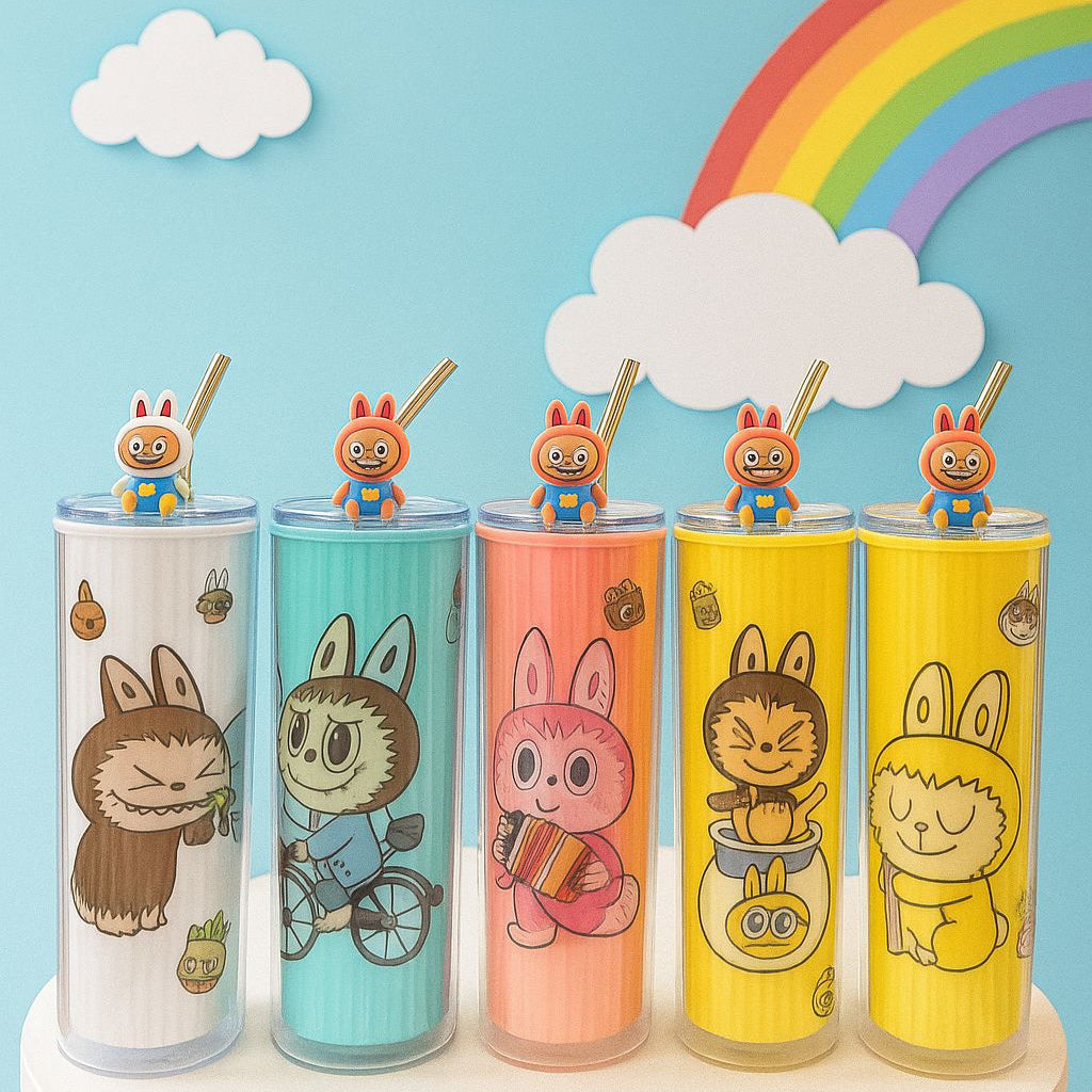Kids Labubu Plastic Sipper, Cartoon Character Kids Tumbler Cup, Cartoon Bunny Drinking Cup With Straw