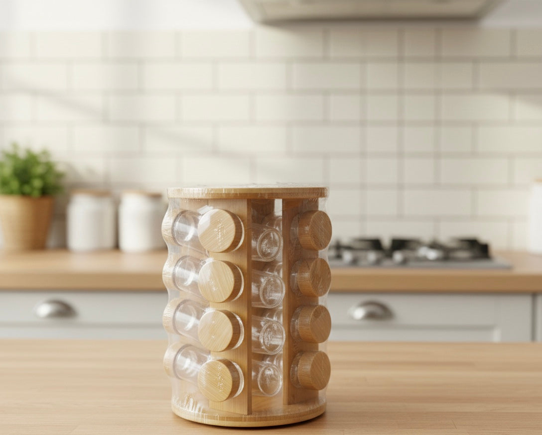 360° Rotating Wooden Spice Jar Organizer, Round Shape Kitchen Masala Rack with Jars Set, Spice Jar Stand, Kitchen Storage Organizer