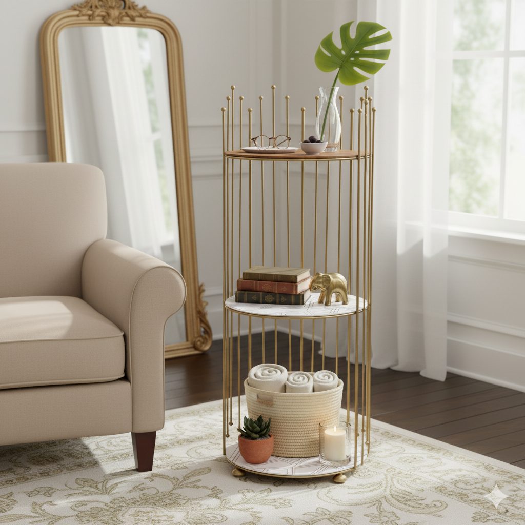 Royal Crown 3 Tier Display Tower, Multi Layer Round Wrought Iron Corner Stand,  Vanity Storage Shelf, No Drill Floor Standing Organizer
