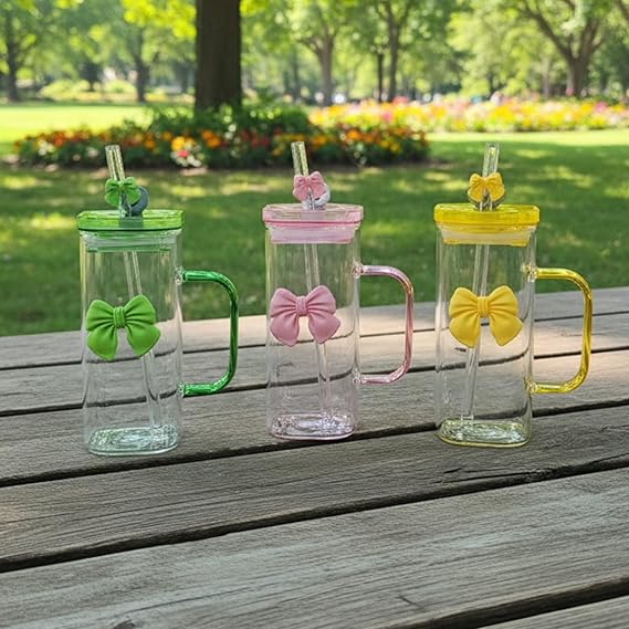 450ml Bow Glass With Lid And Straw, Elegant Square Glass Tumbler, Cute Transparent Mug With Handle