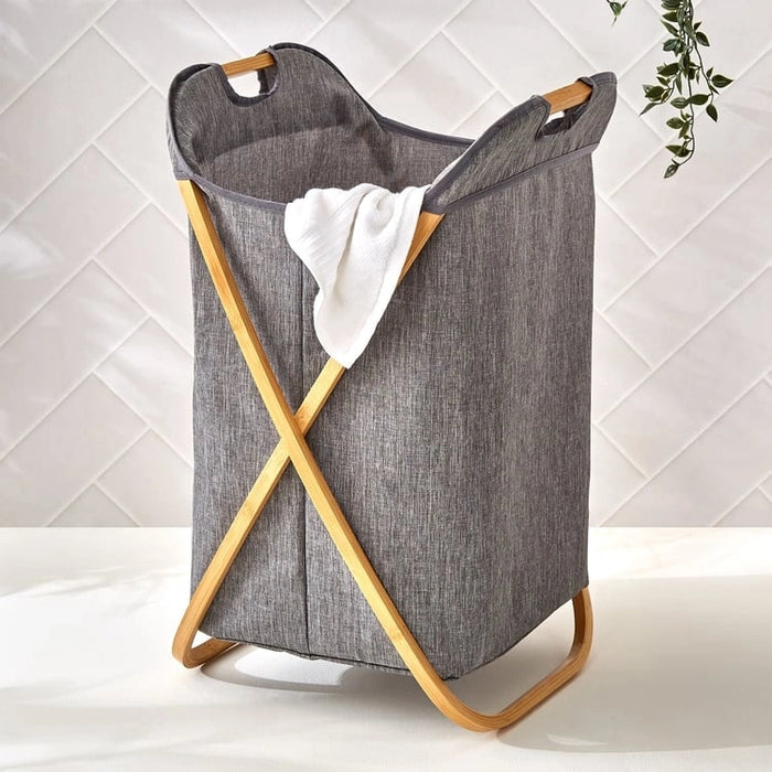 Bamboo Frame Foldable Laundry Basket, Wooden Handel Laundry Hamper, Lightweight Bathroom Laundry Basket