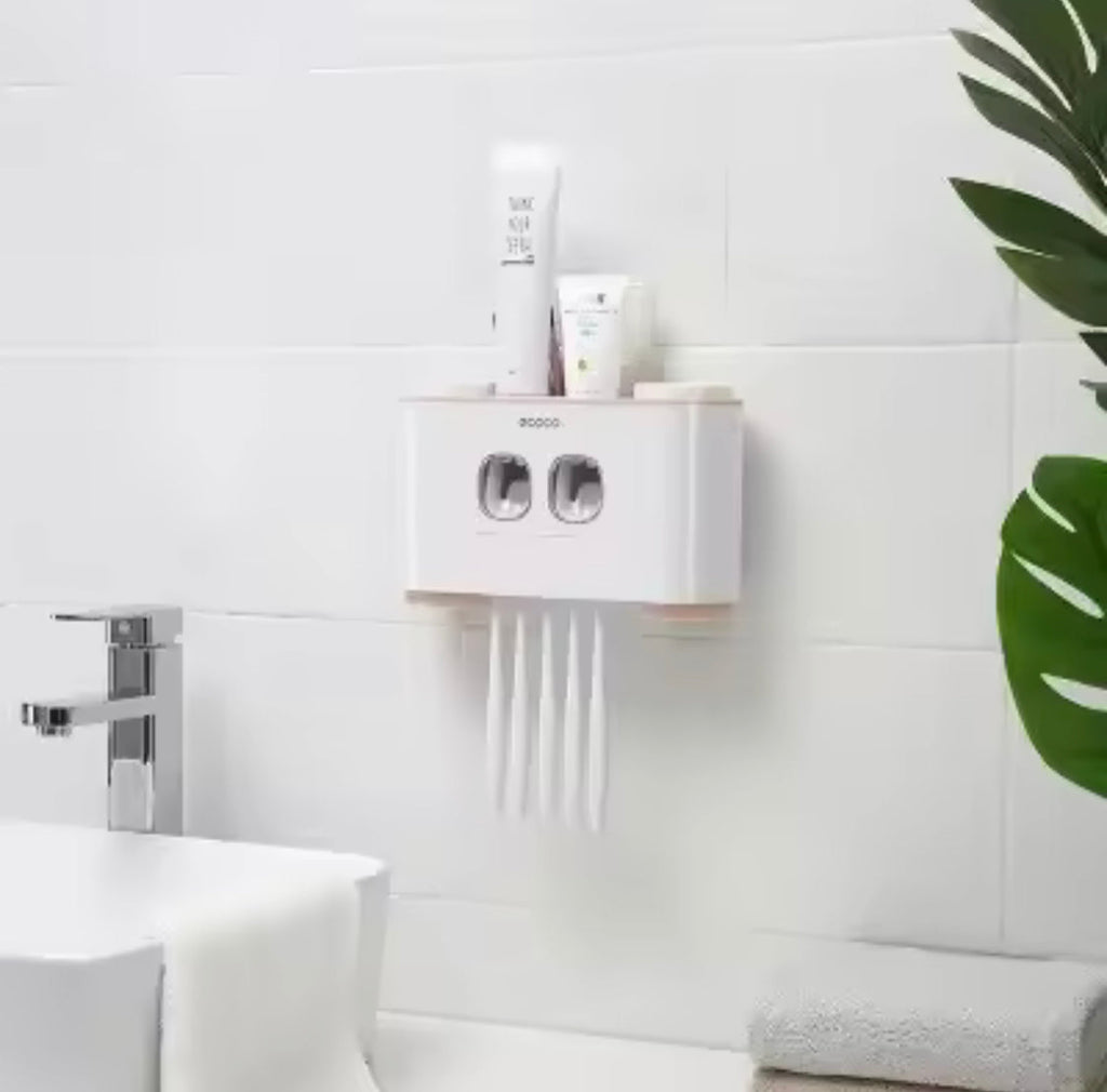 Wall Mounted Toothbrush Holder And Toothpaste Dispenser, Toothpaste Squeezer, Hands Free Toothpaste Dispenser, Toothbrush Holder, Bathroom Organizer