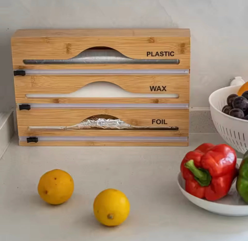 Wall Mounted Bamboo Foil Cling Film Cutter, Foil Dispenser With Cutter, Kitchen Wrap Dispenser, Kitchen Organization, Bamboo Plastic Film Cutter, Wall Film Dispenser