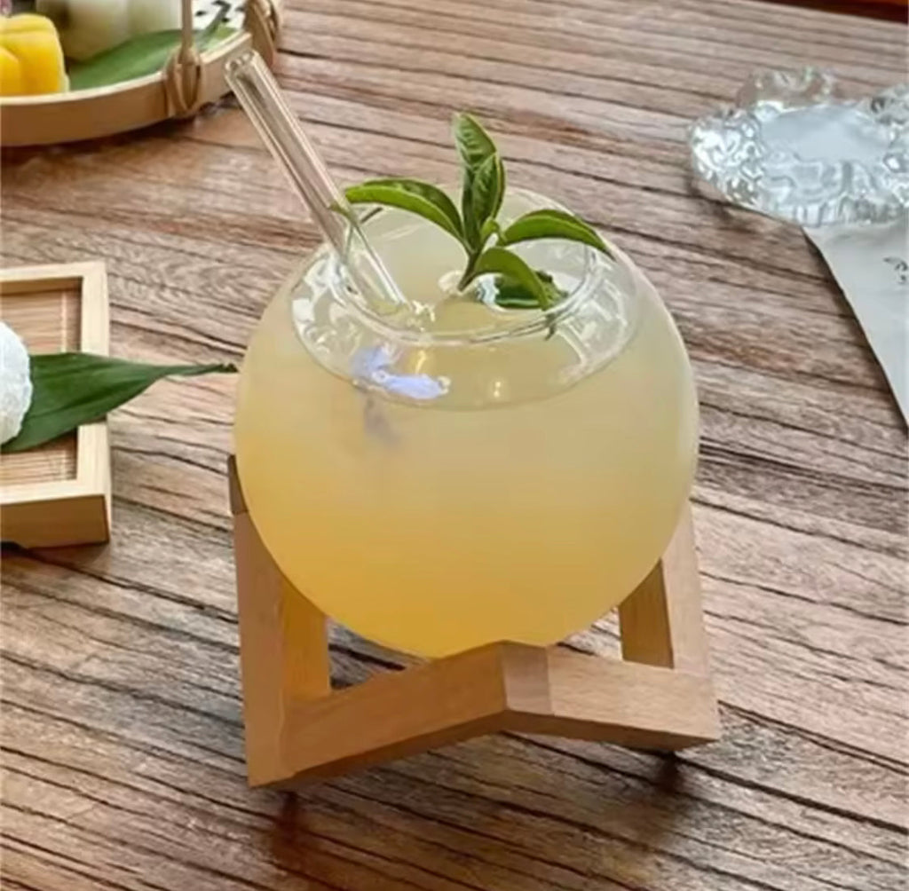 Round Unique Design Ball Shape Glass Cup, Crystal Round Ball Beverage Cup With Wooden Stand, Unique Shape Glass Straw Cup