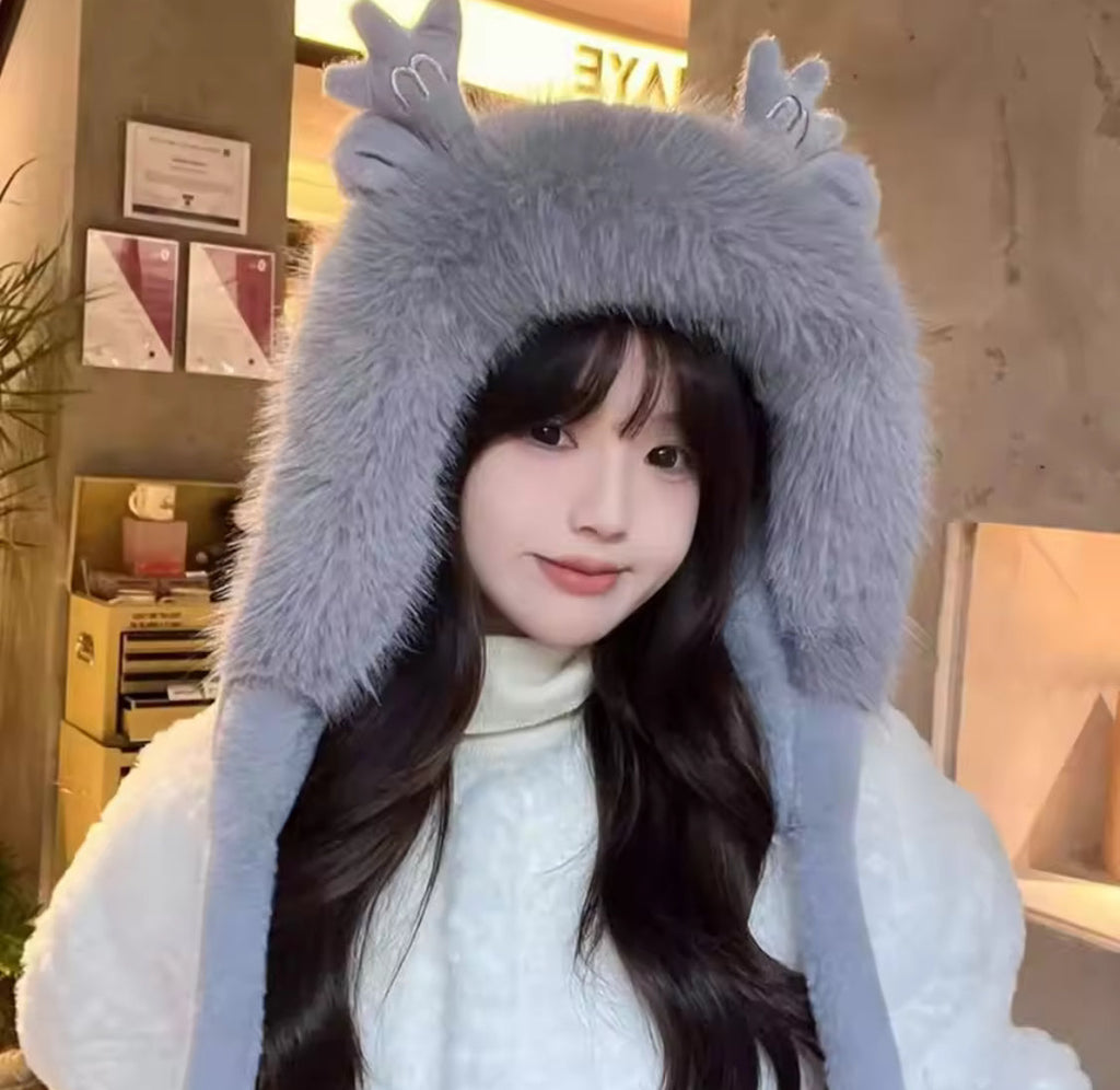 Soft Fluffy Bunny Ears Winter Cap, Cute Bucket Hat For Women, Cute Plush Antler Hat