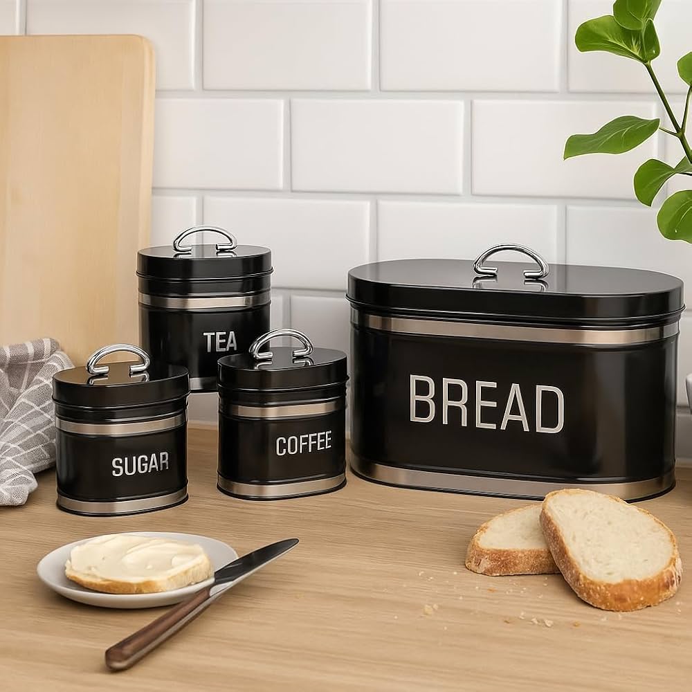 Set Of 4 Bread Bin And Canister Set, Vintage Style Storage Jars, Coffee And Sugar Metal Container, Airtight Storage Box For Bread
