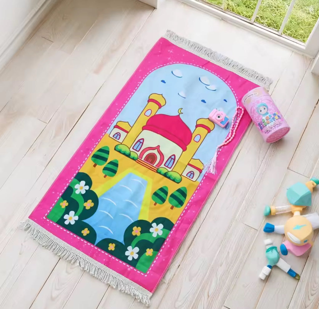 Kids Janamaz Rug With Gift Box, Children Prayers Mat With Tasbeh, Islamic Gifts Set With Prayers Beads With Coin Box, Kids Camera, Travel Prayer Mat